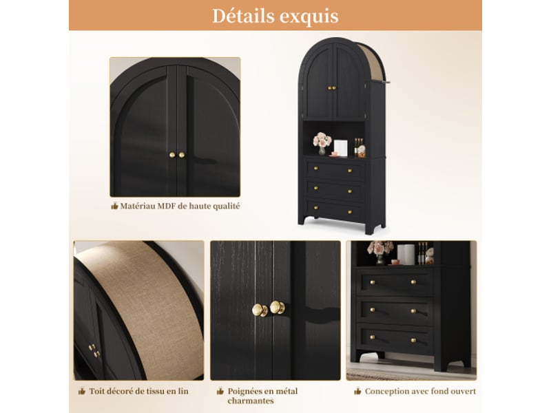  Servers, sideboards &amp; buffets - armoire de rangement haute voûte avec tiroirs et portes, porte de rangement haute voûte po - mdf - noir - 70 x 35 x 180 cm - usage domestique - installation simple N620P27836970S - Conforama C