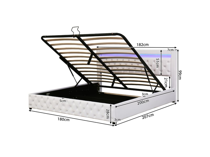  Lit coffre 180x200 cm avec sommier à lattes, rangement et éclairage led, blanc  - Conforama C