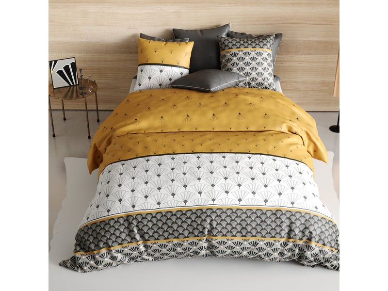  Parure housse de couette 260x240cm + 2 taies motif rétro gris et jaune 100% coton - tilio TILIO - Conforama C