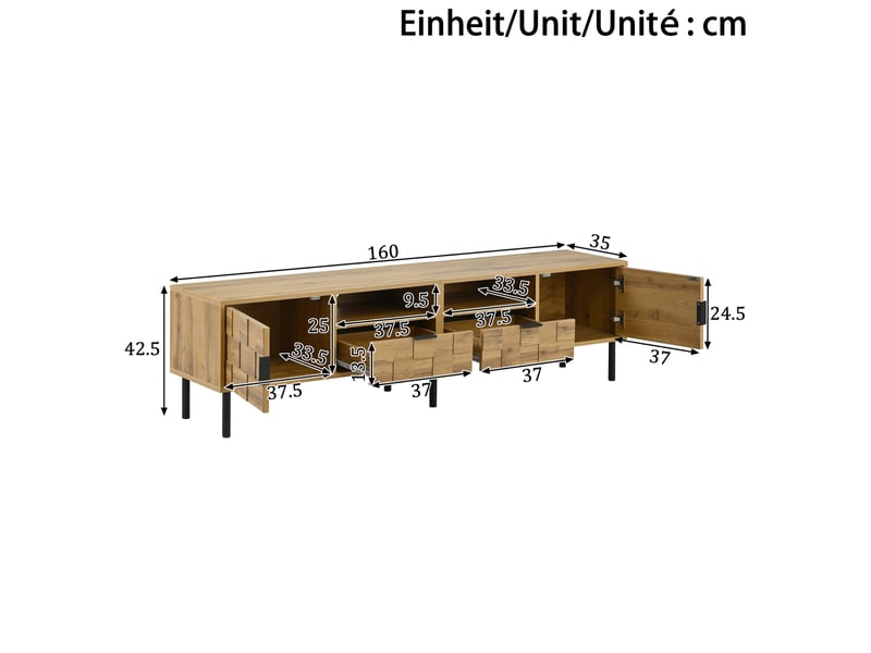  Meuble tv modenvie à motif mosaïque 160 x 35 x 42,5 cm avec 2 portes, 2 tiroirs et rangements ouverts naturel et noir  - Conforama C