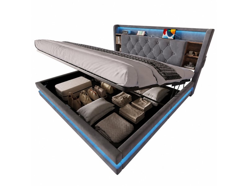  Lit coffre 160 x 200 cm en velours avec tête de lit à rangements, led, usb et type-c, sommier relevable, gris foncé  - Conforama A