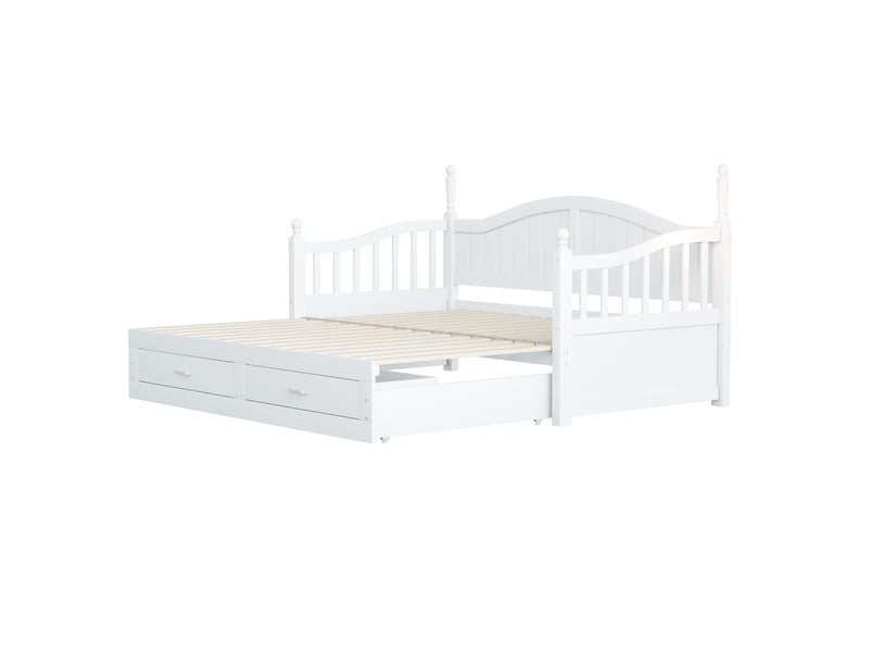  Lit gigogne enfant 90x190 cm (ouvert 180x190 cm), accoudoirs style colonnes et dossier courbé, tiroirs, pin et mdf, blanc  - Conforama R