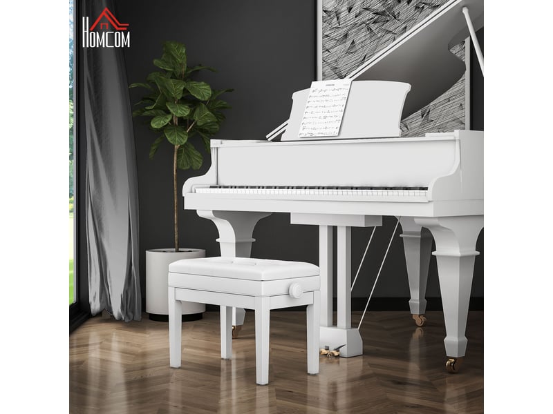  Banc de piano, banc de clavier réglable en hauteur en bois massif, compartiment de rangement, 55 x 33 x 48-58 cm blanc  - Conforama B
