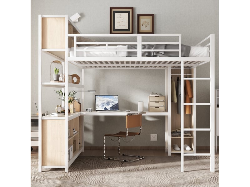  Lit mezzanine enfant 140x200 cm avec bureau, rangement 2 niveauxet armoire, échelle, métal et bois, blanc sans matelas  - Conforama B