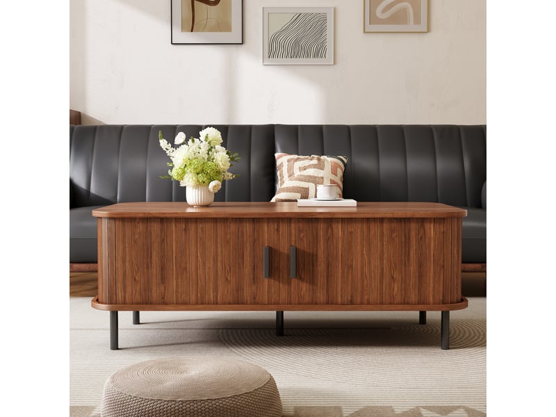  Table basse rectangulaire à portes coulissantes avec rangement, design moderne à lattes verticales, table d'appoint pour salon.  - Conforama B