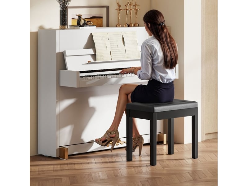 Banc de rangement pour piano avec coffre, assise capitonnée et pieds en bois, en simili cuir noir, 55 × 34 × 50 cm - Conforama D