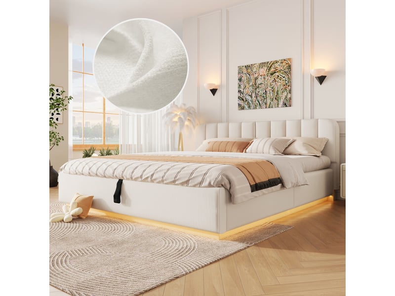 Lit coffre 180x200 cm beige, tissu chenille, sommier relevable hydraulique, led contrôlée par appli, sommier à lattes inclus - Conforama R