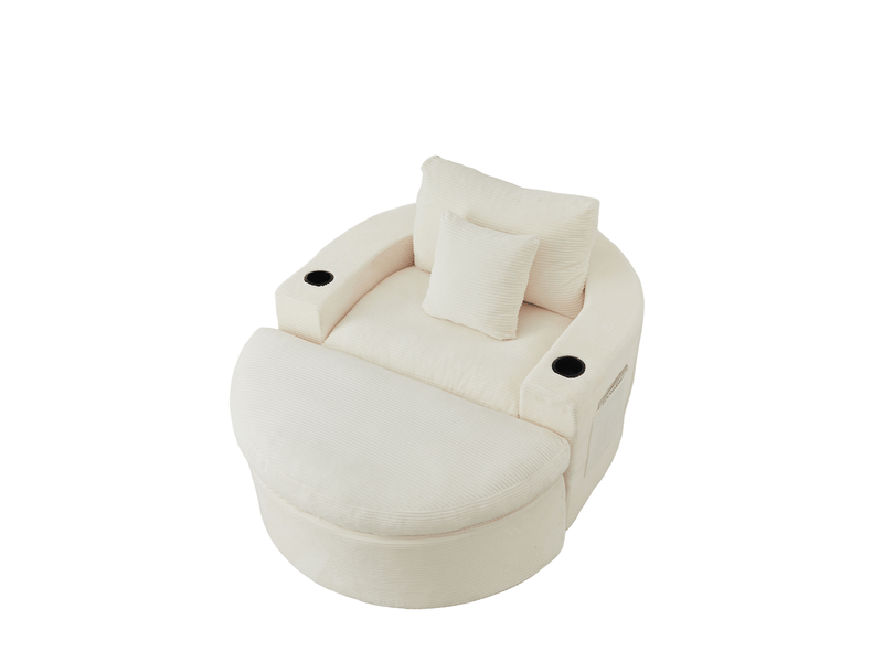 Fauteuil lounge rond 1 place avec repose-pieds et porte-gobelet, velours côtelé beige - Conforama D