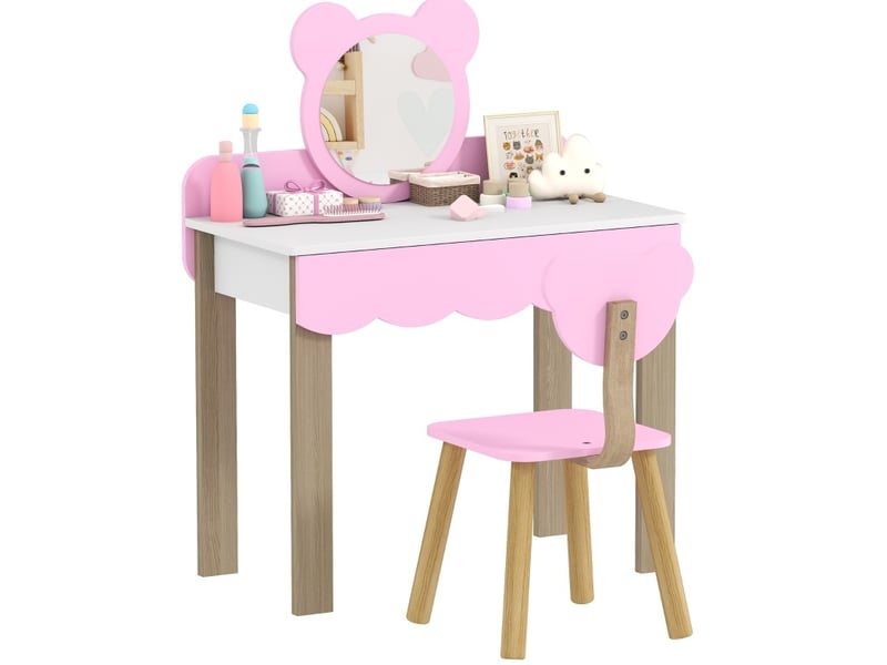  Coiffeuse enfant avec tabouret 68 x 35 x 86 cm rose en mdf, miroir acrylique et tiroir de rangement  - Conforama A