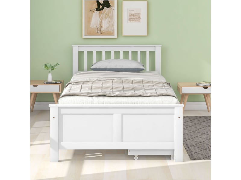  Lit simple 90x200cm avec tiroirs de rangement, cadre en pin blanc, lit en bois pour adolescents et adultes avec tiroirs de rangement  - Conforama W