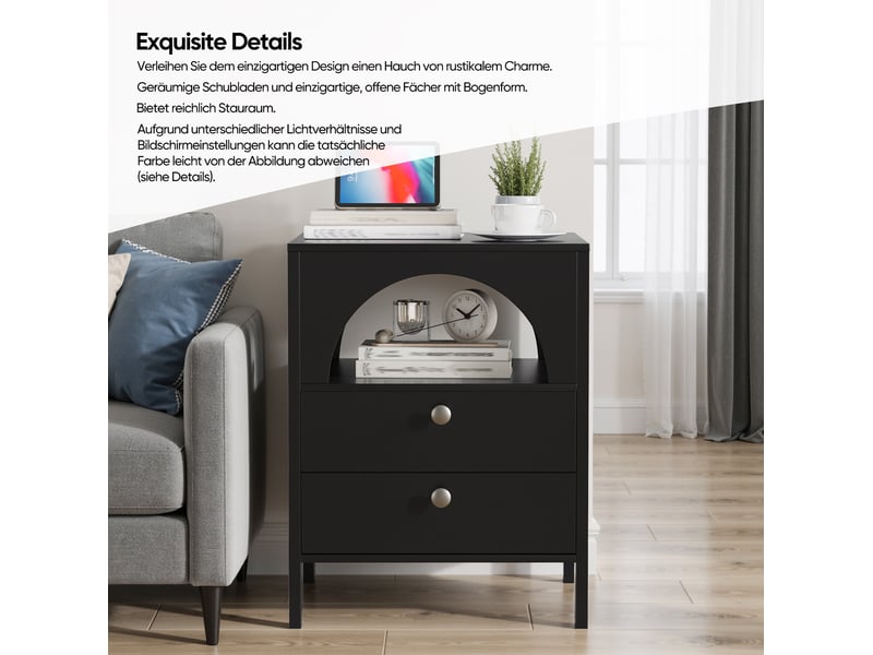  Table de chevet moderne 45x40x58 cm, 2 tiroirs, 1 niche ouverte, rangement multifonction, salon et chambre, mdf, noir  - Conforama D