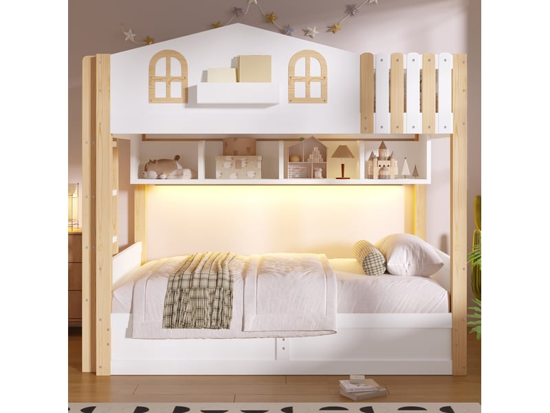Lit superposé enfant 90x200 cm maison blanc et naturel avec rangement et led - Conforama D
