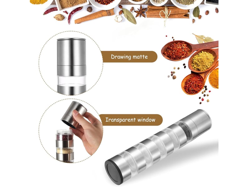  Ensemble de 5 moulins à sel et à poivre portables en acier inoxydable, comprenant des mini-pots à épices pour barbecue, camping et pique-nique  - Conforama C