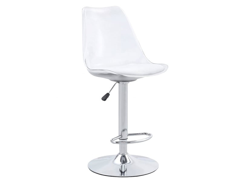  Lot de 2 tabourets de bar transparents avec dossier, réglables en hauteur et pivotants à 360°, assise pu blanc, pieds métal argenté  - Conforama A