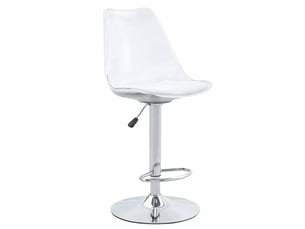 Lot de 2 tabourets de bar transparents avec dossier, réglables en hauteur et pivotants à 360°, assise pu blanc, pieds métal argenté