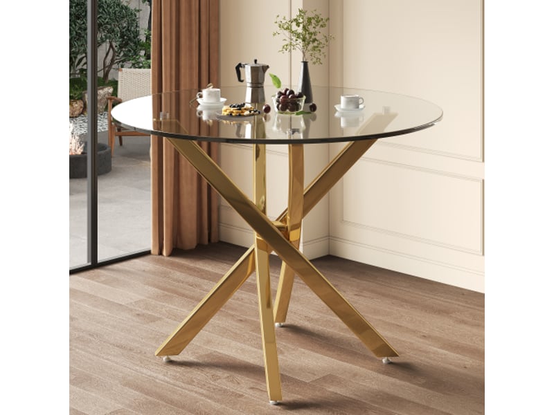  Table ronde 80×80 cm en verre – pieds dorés, style moderne, table basse d'appoint dorée et verre  - Conforama B