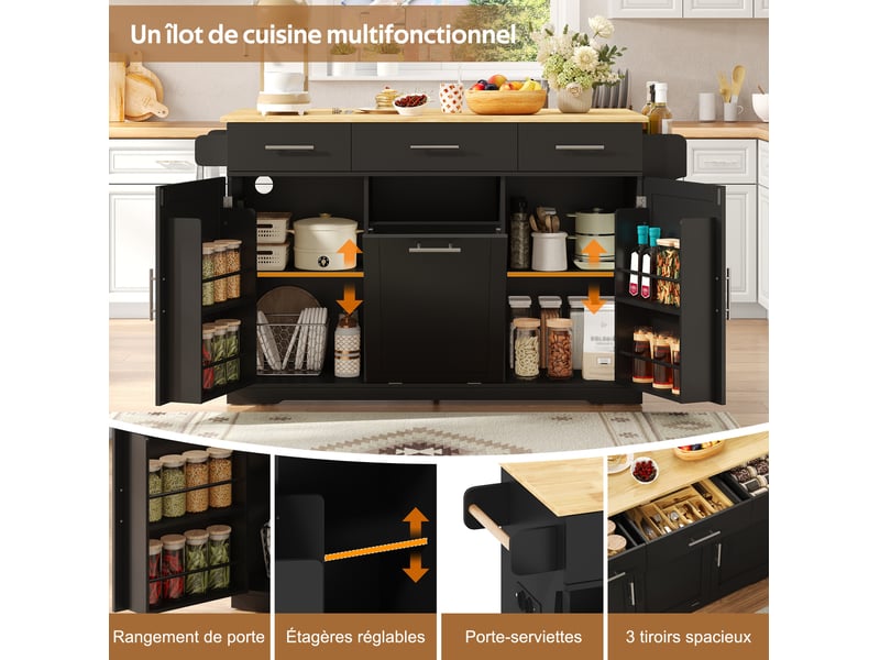  Desserte de cuisine avec plateau rabattable, 3 tiroirs, 2 placards, poubelle et prises, en mdf noir et bois naturel  - Conforama E