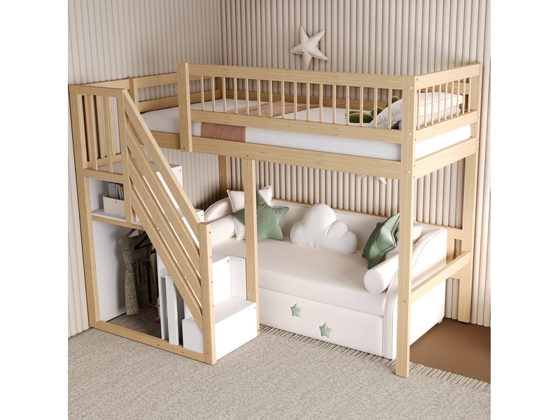  Lit mezzanine enfant 90x200 cm, escalier de rangement intégré et sécurisé, pin et mdf, naturel et blanc, sans matelas  - Conforama D
