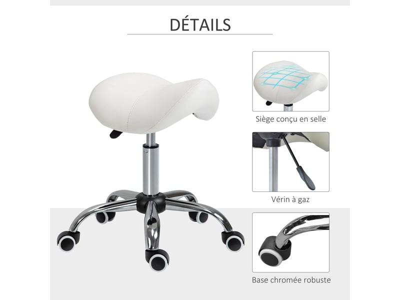  Tabouret à roulettes, tabouret de massage avec hauteur réglable 49-61 cm et selle ergonomique, pour salon de massage tatouage clinique spa, chaise de travail à roulettes pivotant 360°, blanc  - Conforama E