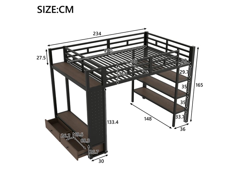 Lit mezzanine avec led 140x200 cm, lit enfant, penderie ouverte, tiroirs, rangement, métal et mdf, noir sans matelas  - Conforama C