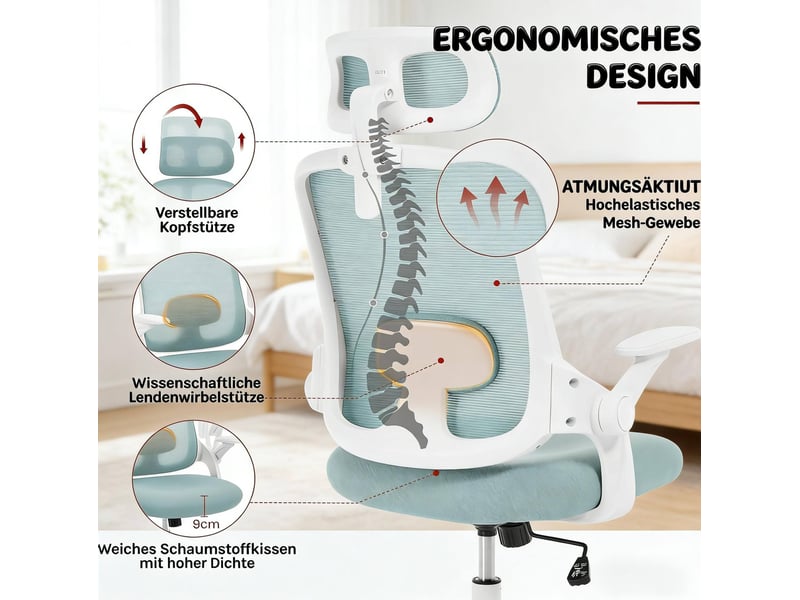  Chaise de bureau ergonomique bleue à dossier haut, appuie-tête réglable et accoudoirs 3d, pour bureau et réunion  - Conforama E