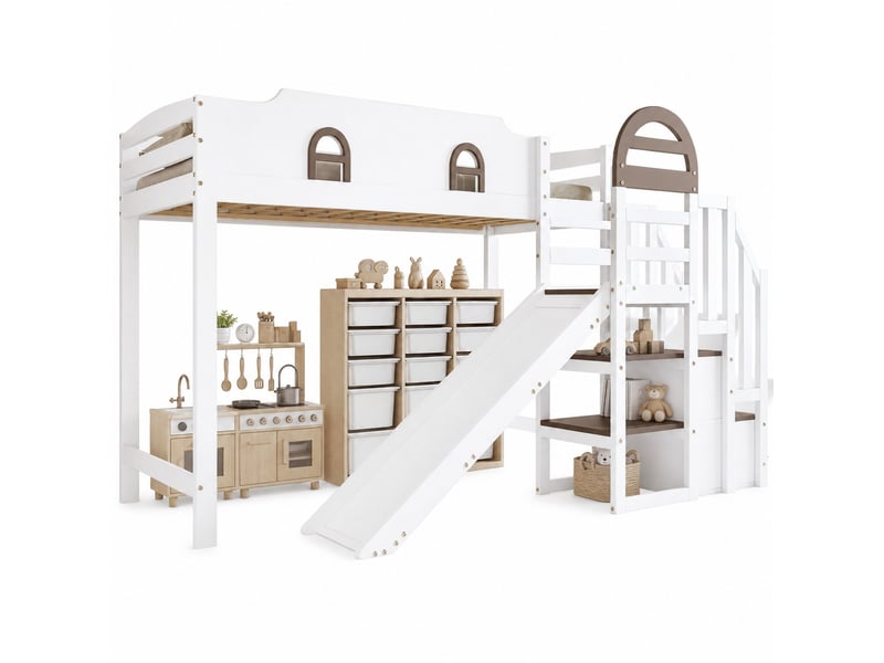 Lit mezzanine enfant 90x200 cm avec toboggan, escalier de rangement, blanc et marron  - Conforama A