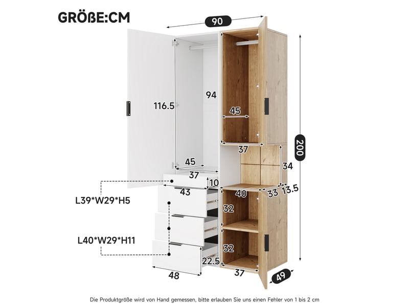 Armoire avec 4 tiroirs, niche ouverte led et 2 tringles à vêtements pour chambre, blanc et chêne, 90 × 49 × 200 cm - Conforama D
