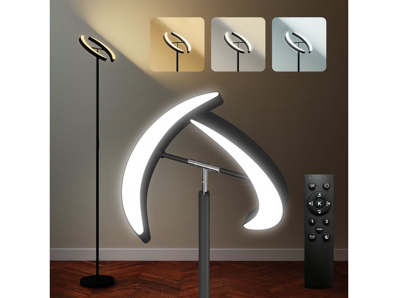  Lampadaire à intensité variable 2700k-6000k avec télécommande et double tête rotative à 350°, noir  - Conforama B