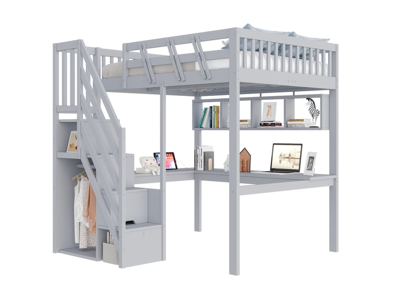  Lit mezzanine 140 × 200 cm avec escalier de rangement, bureau, étagères, led et prise usb pour chambre d’enfant  - Conforama A