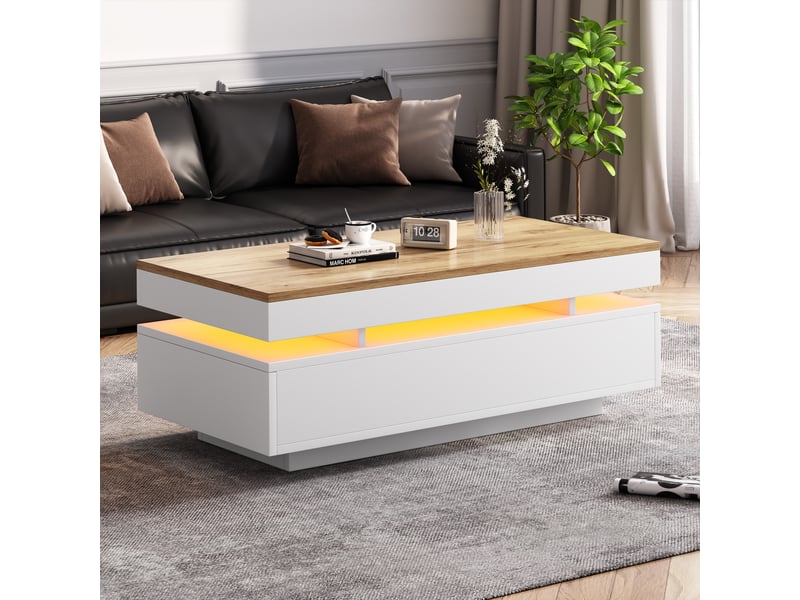  Table basse rectangulaire, avec 2 tiroirs, éclairage led et finition brillante, pour salon, blanc et bois, 100 × 50 × 35 cm  - Conforama B