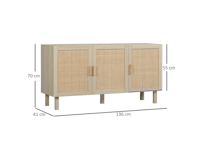  Buffet meuble de rangement placard 3 portes avec étagère réglable effet cannage 136 x 41 x 70 cm - style bohème  - Conforama C