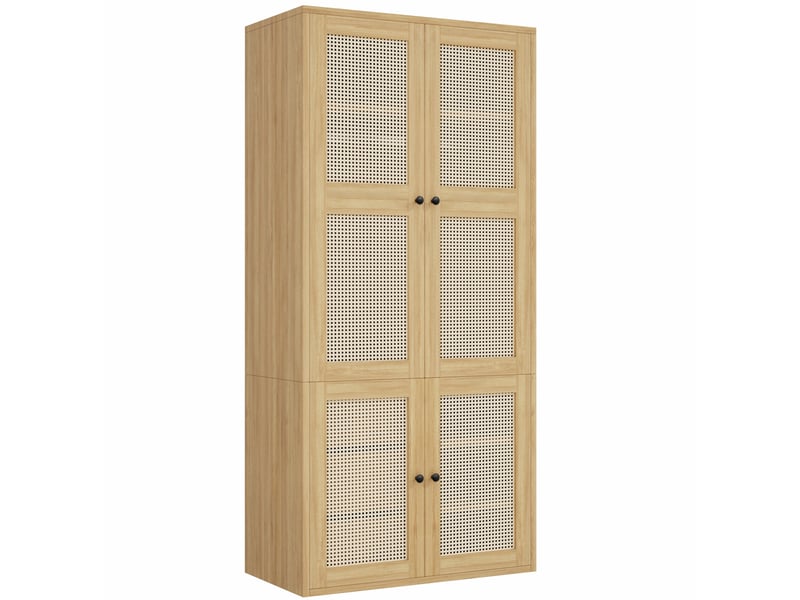  Armoire 90x47x200 cm à portes battantes, portes en rotin, 1 barre de penderie, 3 tiroirs, mdf, bois clair  - Conforama A