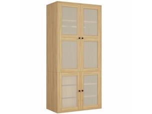 Armoire 90x47x200 cm à portes battantes, portes en rotin, 1 barre de penderie, 3 tiroirs, mdf, bois clair