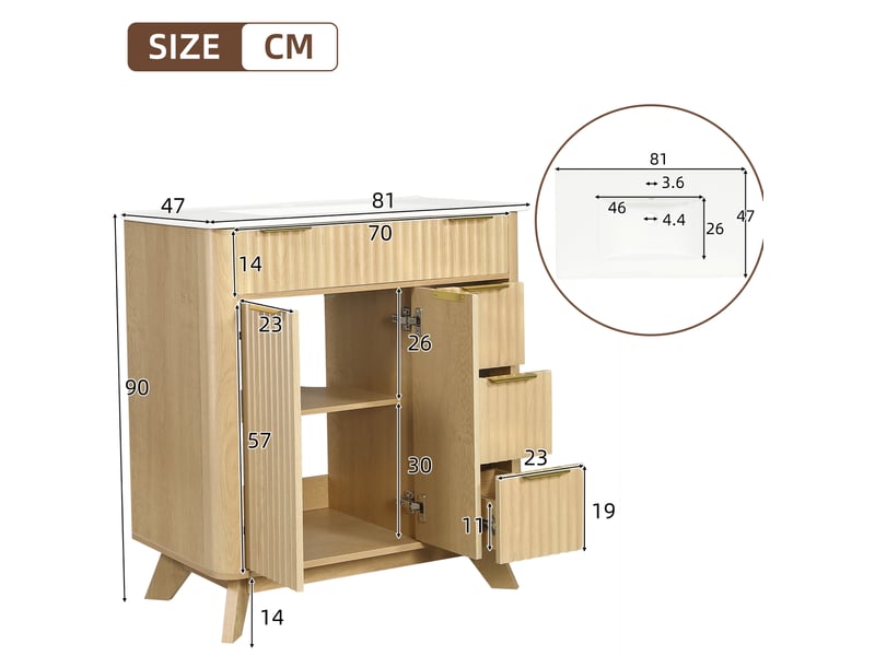 Meuble sous vasque avec 3 tiroirs et 2 portes à fermeture douce, en mdf naturel, pour salle de bain 81 × 47 × 90 cm - Conforama C