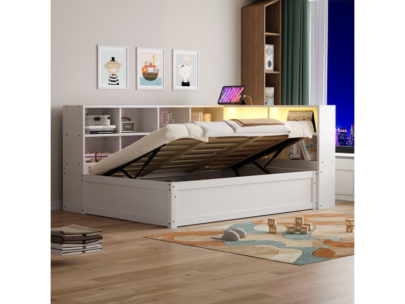 Lit banquette en bois massif 90*200 cm blanc, prise multiple, rangements, led et coffre hydraulique  - Conforama E