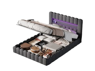 Lit coffre 180 x 200 cm avec led et ports usb,lit double rembourré , rangement hydraulique, lit fonctionnel,lin ,gris
