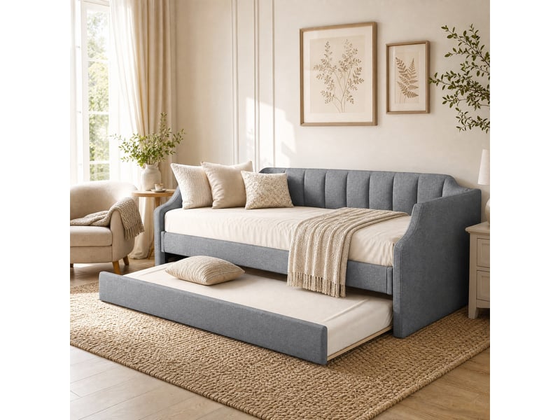  Lit banquette simple 90×200 cm avec lit gigogne 90×190 cm  - roulettes, sans matelas, tissu gris  - Conforama E