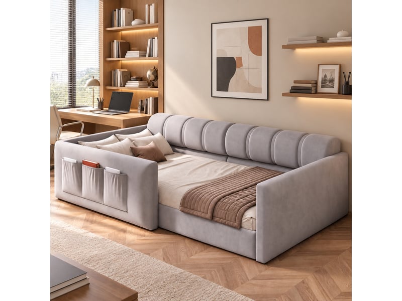 Lit enfant rembourré 90x200 cm avec tête de lit épaisse et poches latérales, lit banquette multifonction pour chambre et salon, gris OPULERANE TRADING LTD - Conforama B
