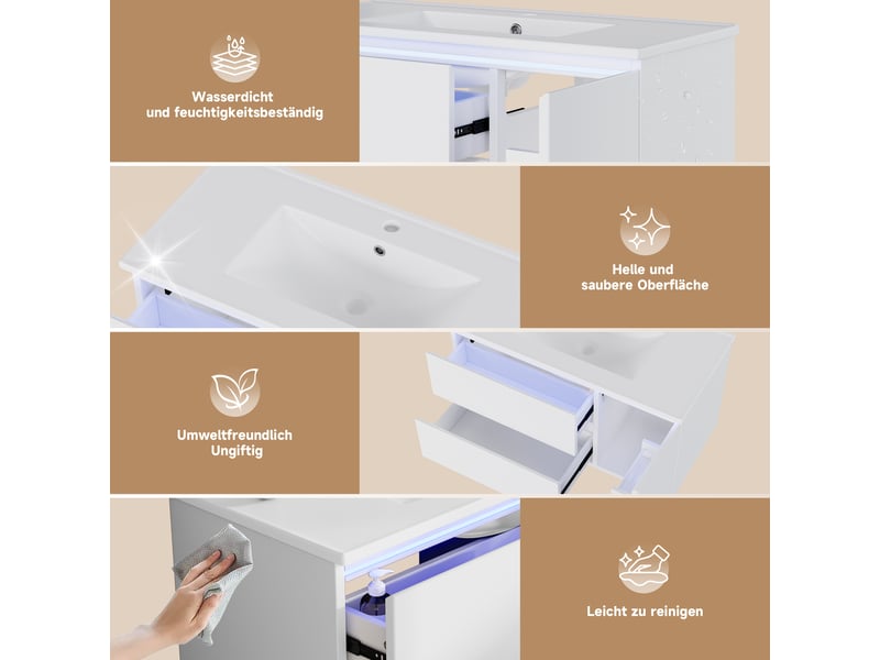  Meuble vasque suspendu blanc, 91 x 46,5 x 50,5 cm, en mdf et céramique, avec led à capteur radar et vasque intégrée  - Conforama E