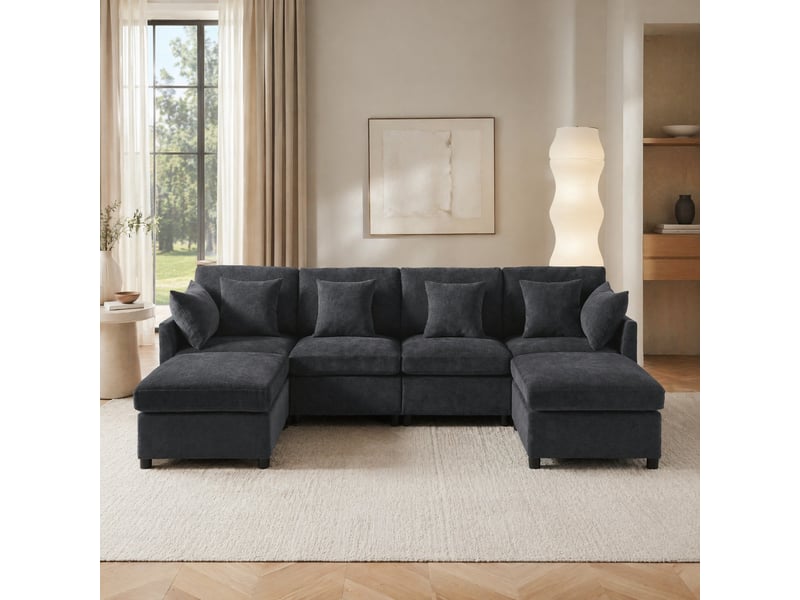  Canapé modulaire 6 places convertible en u et en l avec 2 poufs et 6 coussins en chenille gris 278 × 161 × 81 cm  - Conforama B
