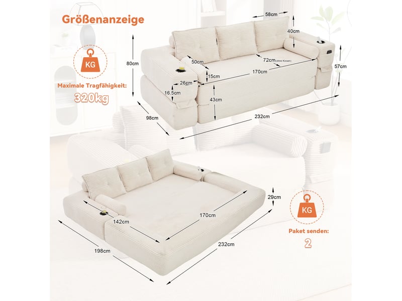 Canapé-lit convertible 3 places en velours côtelé beige avec porte-gobelets - Conforama C