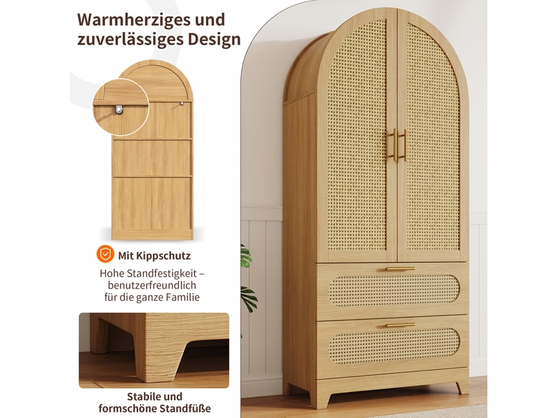 Buffet haut de cuisine 80 x 40 x 175 cm effet bois naturel et rotin pvc, 2 portes, 2 tiroirs, poignées dorées, style arche pour cuisine et salon - Conforama E