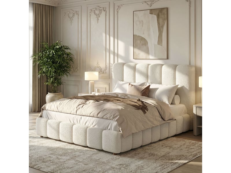  Lit coffre rembourré 140 x 200 cm avec relevage hydraulique, sommier à lattes, tête de lit, bouclé blanc Jamama eleni - Conforama B