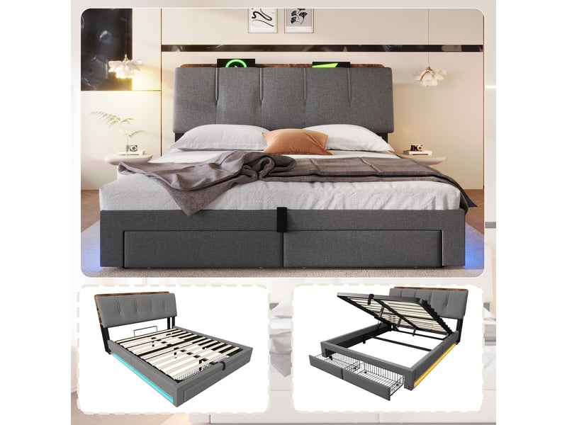  Lit coffre 140x200 cm, lit double, rangement hydraulique, led, usb et usb-c, lin gris  - Conforama A