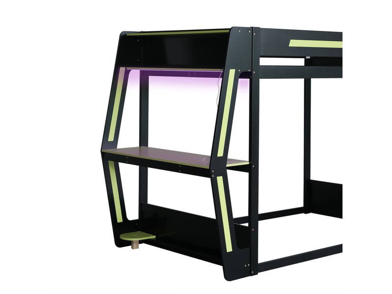 Lit mezzanine enfant 120x200 cm – noir et vert – bureau gaming, led et étagères intégrés – sans matelas - Conforama E