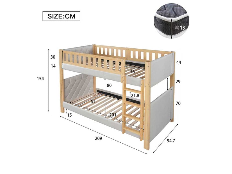 Lit superposé enfant 90×200 cm avec barrière, escalier 4 marches et bords antichoc - sans matelas, bois gris - Conforama D
