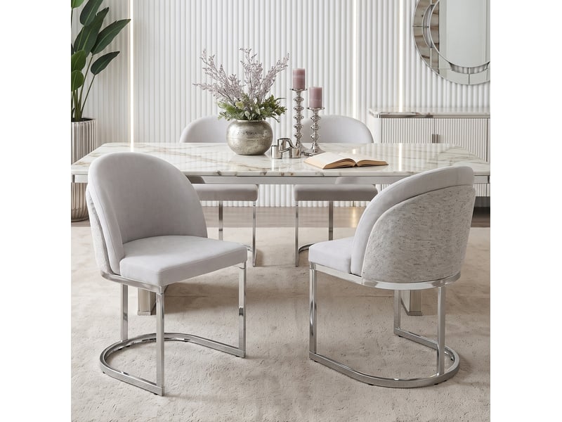  Chaise de salle à manger lot de 4 avec dossier double et assise rembourrée en chenille gris clair et argenté  - Conforama E