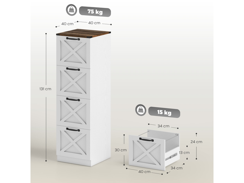  Caisson de bureau 4 tiroirs design campagne chic effet bois métal blanc  - Conforama C