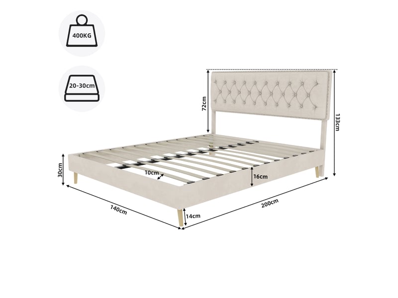 Lit adulte 140 x 200 cm, lit double, avec tête de lit moelleuse et sommier, velours beige, sans matelas - Conforama C