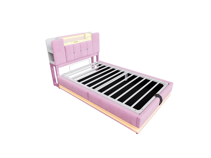  Lit coffre 90 x 200 cm avec rangement hydraulique, led et usb, lit simple rembourré en velours rose avec rangement intégré dans la tête de lit  - Conforama E
